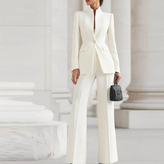 Elegant Long Sleeved Blazer+Pants Suit Autumn Simple Solid Color Commuting Outfit Women's Temperament Slim Fit Professional Set