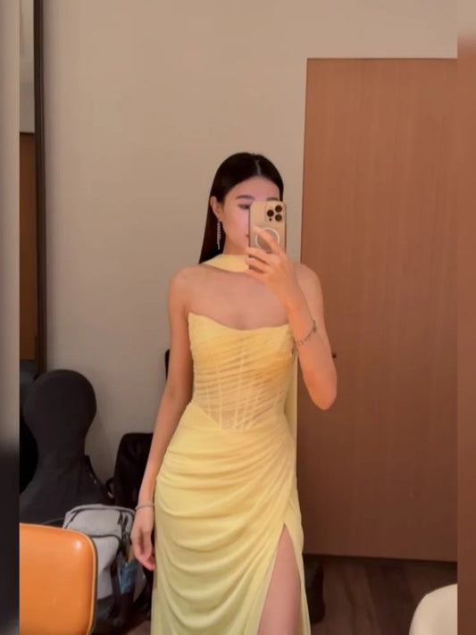 Chic High Slit Pleated Long Dress Women Elegant Off Shoulder High Waisted Strapless Maxi Dresses 2026 Lady Party Evening Robe