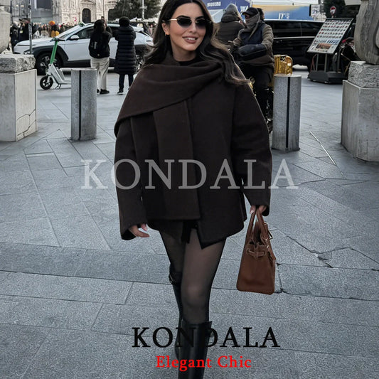 KONDALA Women Trendy Short Scarf Coat Pocket Loose Elegant Jacket New Fashion 2026 Winter Spring High Street Dinner Lady Jacket