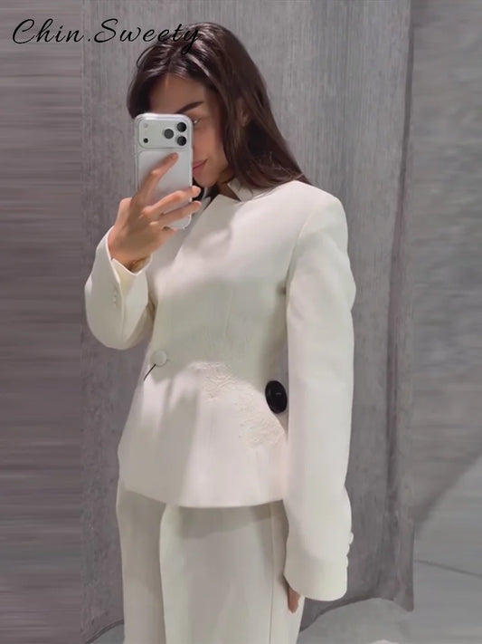 Chic Lace Spliced Cinched Waist Jacket Pant Set Stand Collar One Button Full Sleeve Jackets Straight Pants 2026 Spring Lady Suit